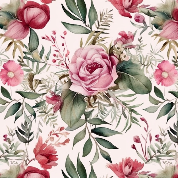un primer plano de un patrón floral con flores rosadas y hojas verdes ai generativo
