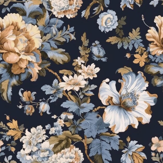 un primer plano de un patrón floral en un fondo azul generativo ai