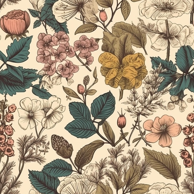 Foto un primer plano de un patrón floral con muchas flores generativo ai
