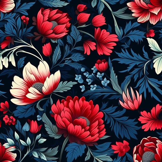 Un primer plano de un patrón floral rojo y azul en un fondo negro