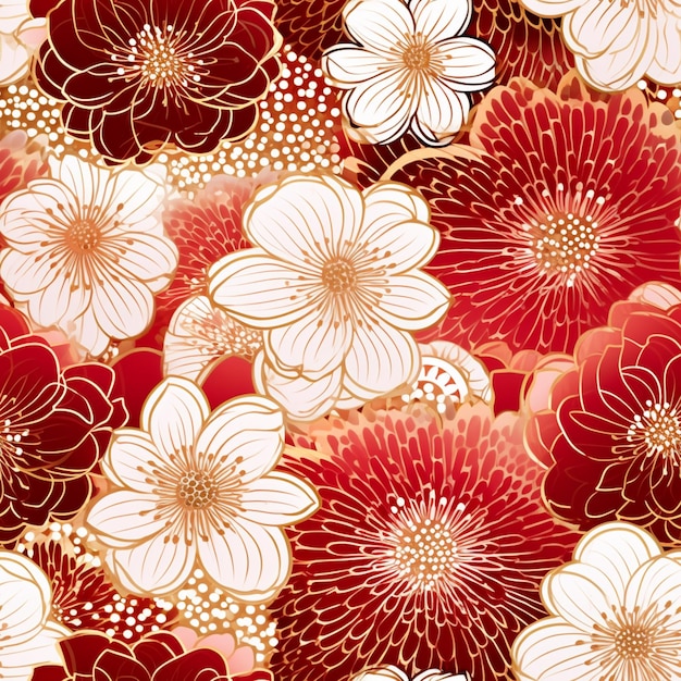 un primer plano de un patrón floral rojo y blanco con detalles dorados ai generativo