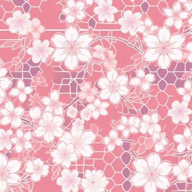 Foto un primer plano de un patrón floral rosa y blanco con una cuadrícula generativa ai
