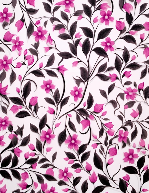 Un primer plano de un patrón floral rosa y negro en un fondo blanco