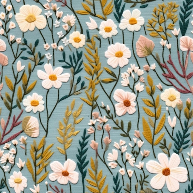 un primer plano de un patrón floral sobre un fondo azul ai generativo