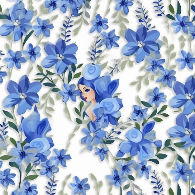 Un primer plano de un patrón de flores azules con un ai generativo de hadas