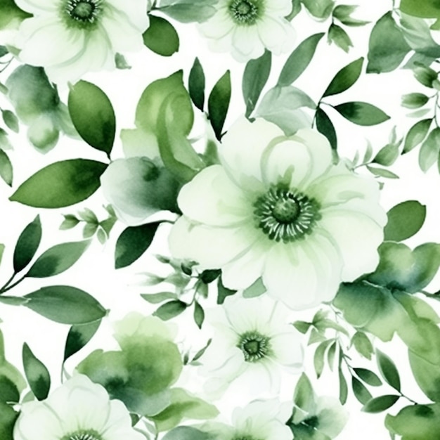 Foto un primer plano de un patrón de flores blancas y verdes en un fondo blanco