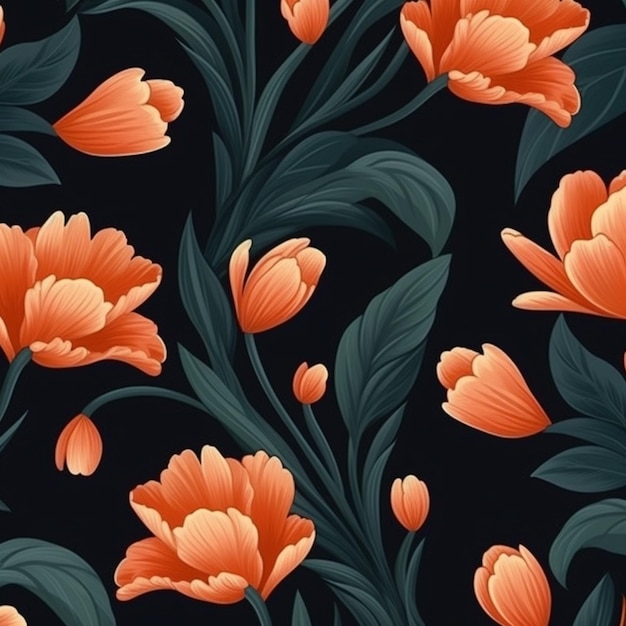 un primer plano de un patrón de flores de color naranja sobre un fondo negro ai generativo