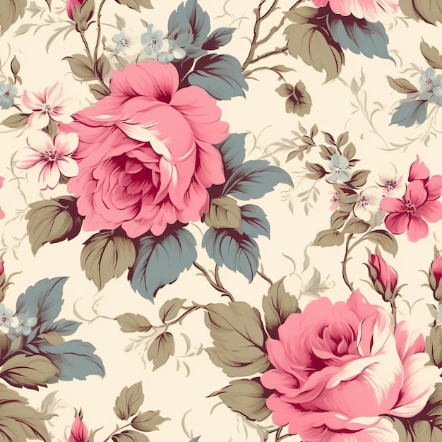 Un primer plano de un patrón de flores con flores rosas sobre un fondo blanco ai generativo