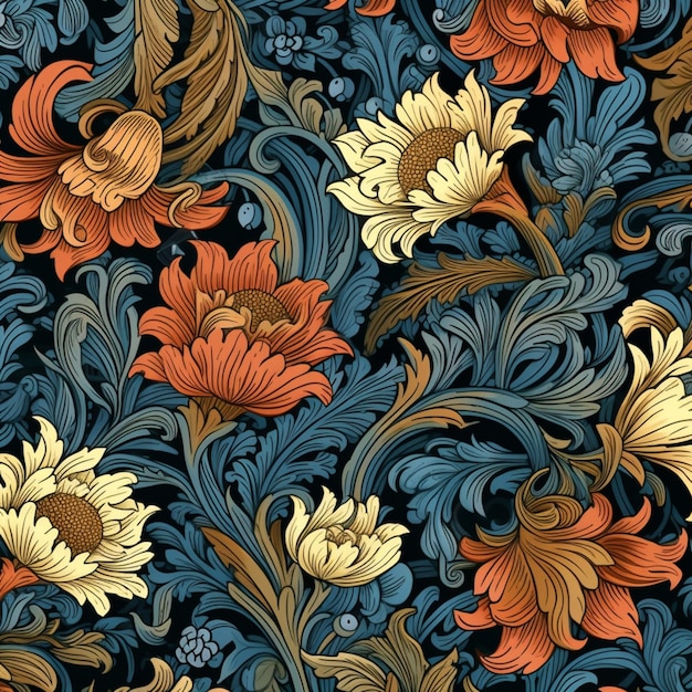 Un primer plano de un patrón de flores y hojas sobre un fondo negro ai generativo