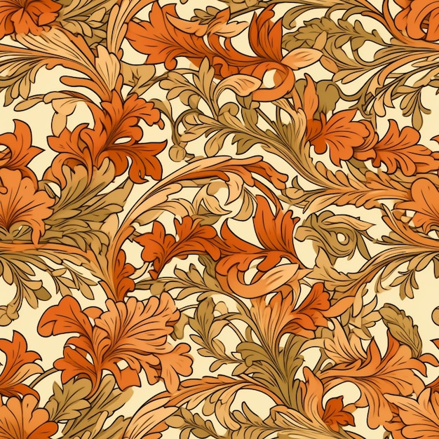 Foto un primer plano de un patrón de flores de naranja y hojas generativas ai