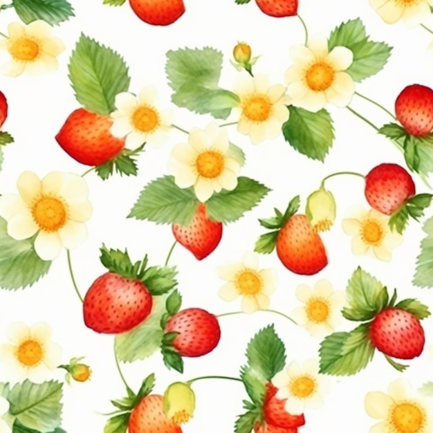Un primer plano de un patrón de fresas y flores generativas ai
