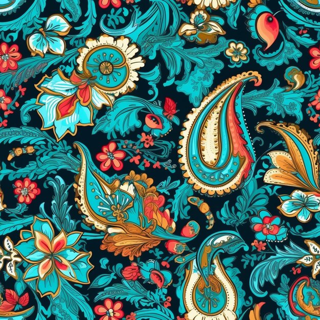 Un primer plano de un patrón generativo de paisley azul y rojo ai