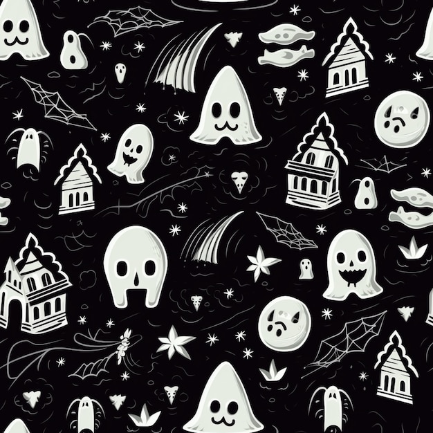 un primer plano de un patrón de halloween en blanco y negro con ai generativa fantasma