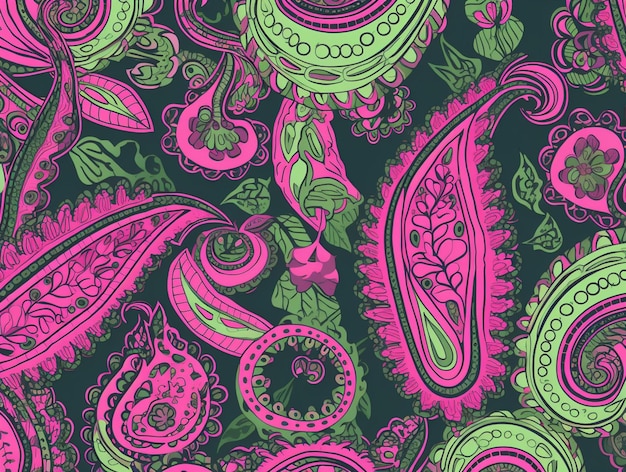 un primer plano de un patrón de paisley con colores rosados y verdes generativo ai