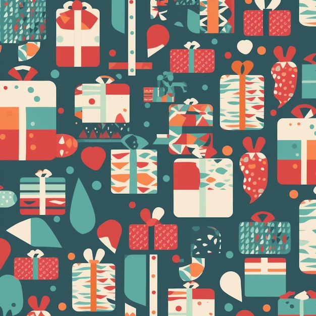 un primer plano de un patrón de regalos y regalos en un fondo azul generativo ai