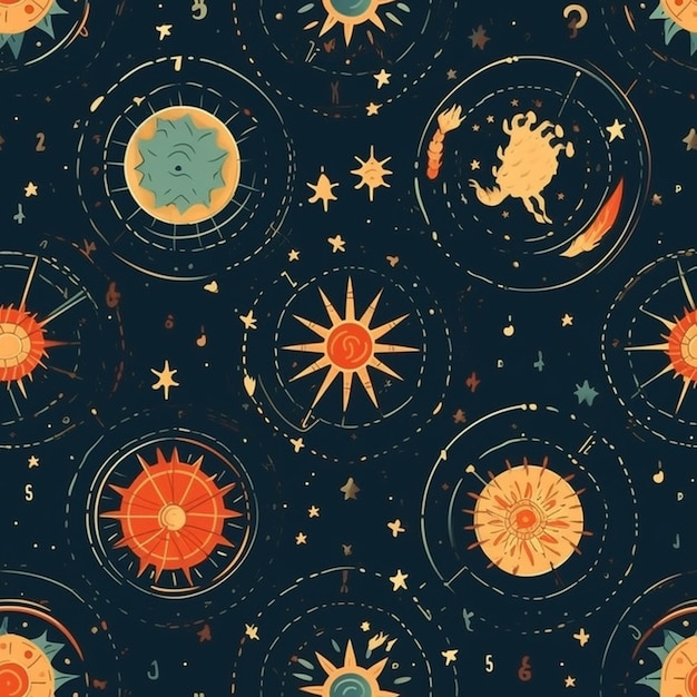 Un primer plano de un patrón de sol y luna con estrellas ai generativo