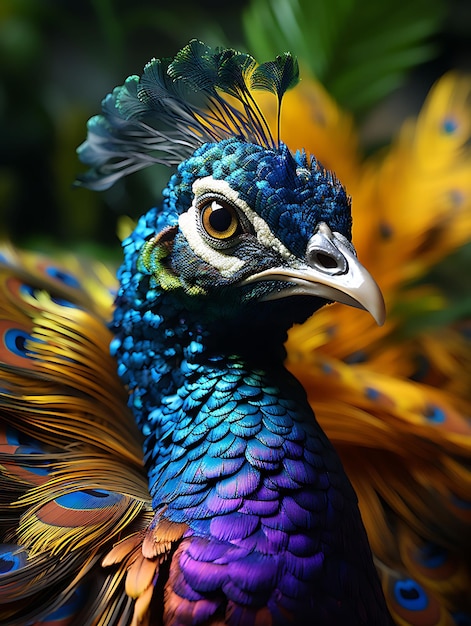 Un primer plano de un pavo real Ojos vibrantes en un jardín exuberante Ilustración hiperrealista Arte fotográfico