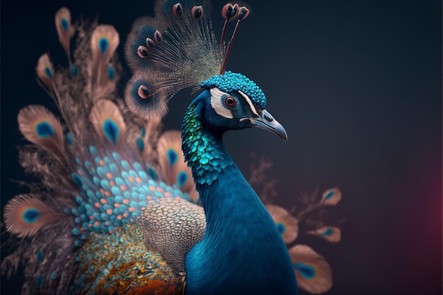 Primer plano de un pavo real con plumas ai generativo