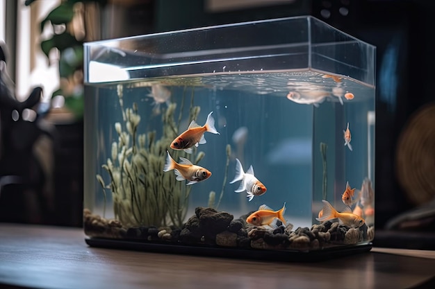 Primer plano de peces nadando en el acuario que aporta belleza natural a la sala de estar