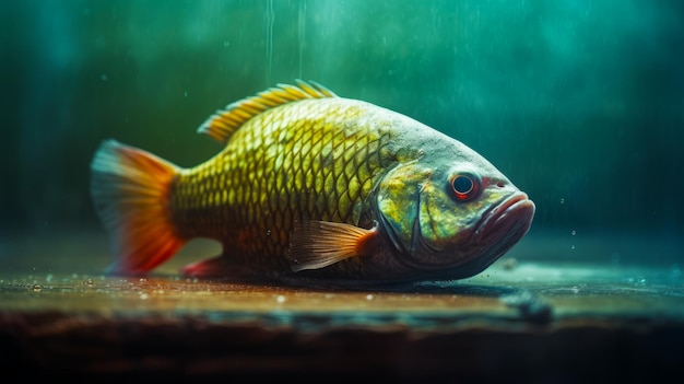 Primer plano de peces en tanque con gotas de agua sobre él IA generativa