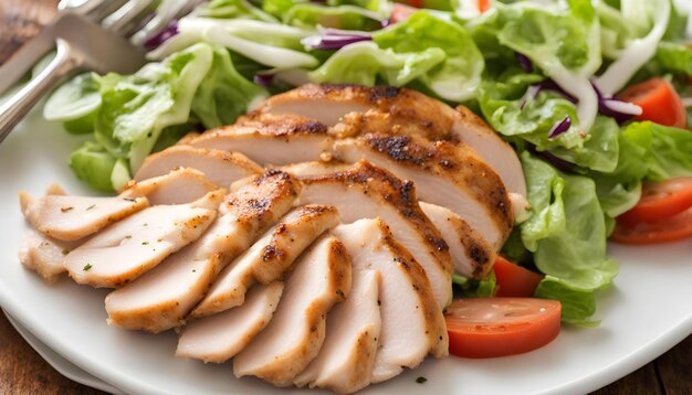 Foto primer plano de pechuga de pollo sazonada en rodajas con ensalada fresca en un plato blanco