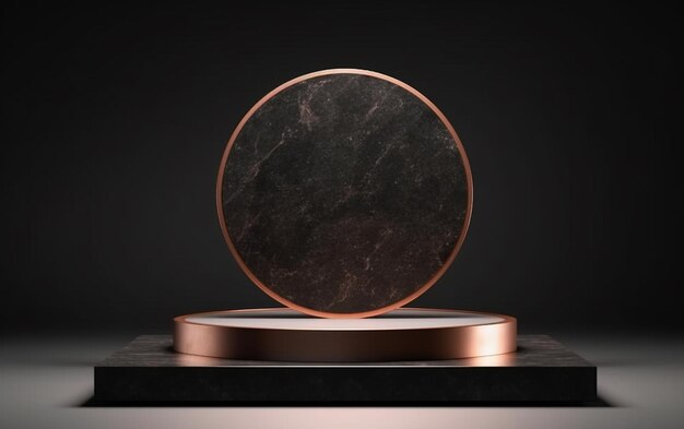 un primer plano de un pedestal de mármol negro con un espejo redondo ai generativo