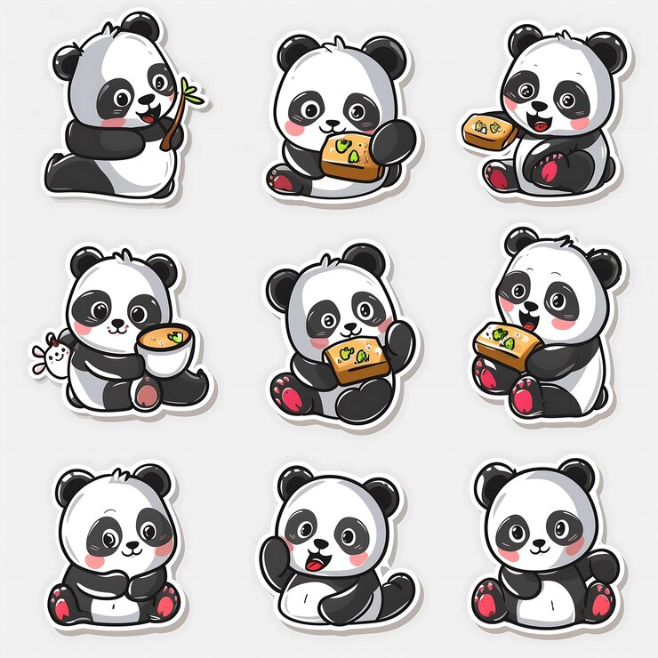 Foto un primer plano de una pegatina de oso panda con diferentes expresiones