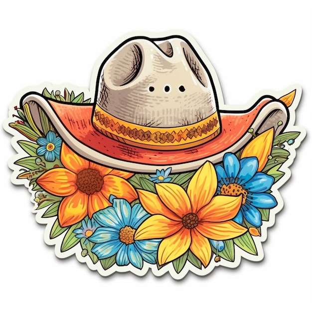 Un primer plano de una pegatina con un sombrero de vaquero y flores generativas ai