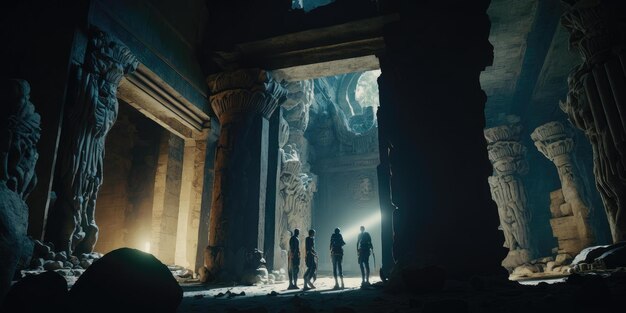 Primer plano de la película de un grupo de exploradores que encuentran un antiguo templo abandonado dentro de una enorme caverna IA generativa AIG16