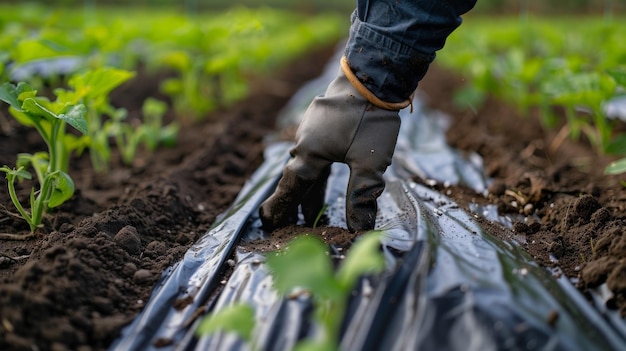 Primer plano de una película de mantillo biodegradable que se aplica a un campo esta tecnología ayuda a controlar las malezas