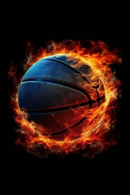 Un primer plano de una pelota de baloncesto con fuego a su alrededor ai generativo