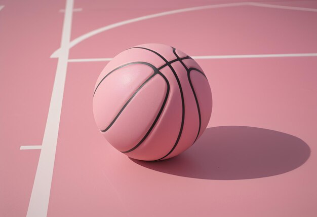 Primer plano de una pelota de baloncesto rosa colocada en una cancha de baloncestro