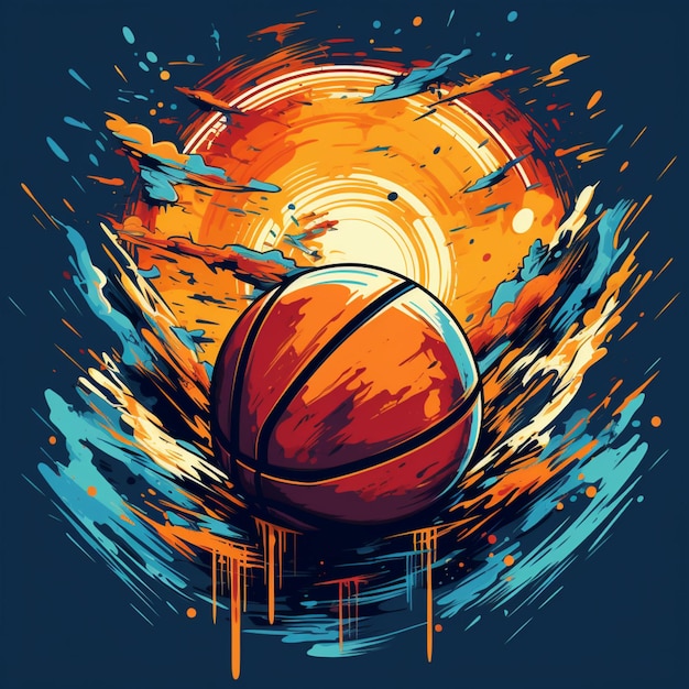 un primer plano de una pelota de baloncesto con un sol en el fondo