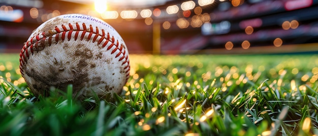 Foto primer plano de una pelota de béisbol bien utilizada y un guante en el campo verde que destaca el pasatiempo estadounidense y el espíritu de los deportes de verano