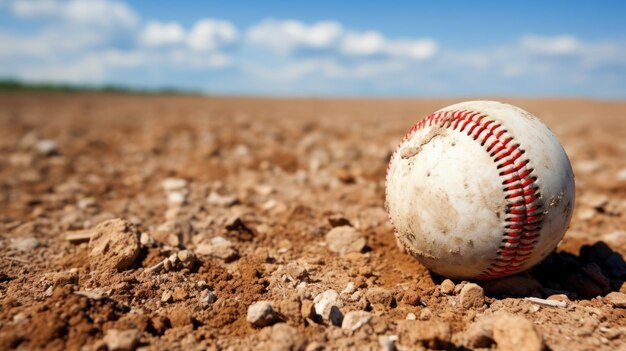 Un primer plano de una pelota de béisbol en la tierra del campo