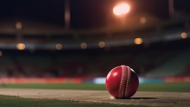 Primer plano de una pelota de cricket roja en el estadio Generative Ai