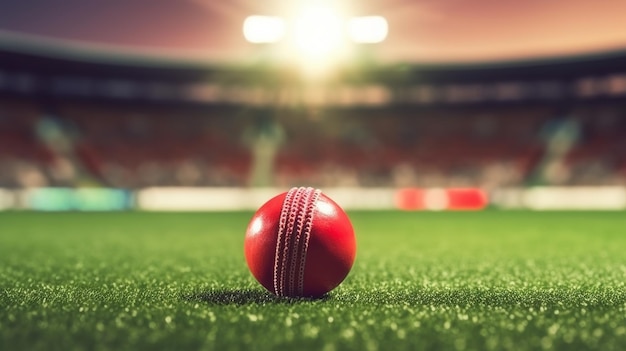 Primer plano de una pelota de cricket roja en el estadio Generative Ai