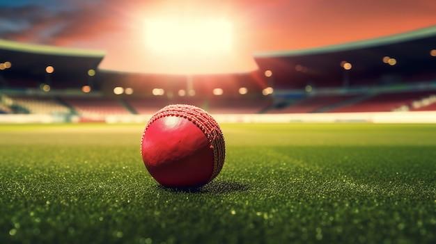 Primer plano de una pelota de cricket roja en el estadio Generative Ai