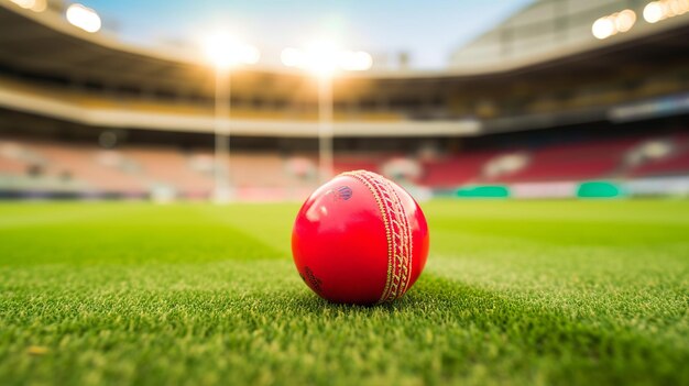 Primer plano de una pelota de cricket roja en el estadio Generative Ai