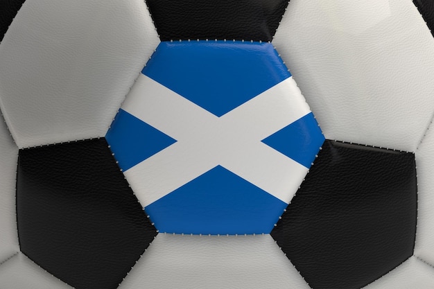 Primer plano de una pelota de fútbol con la bandera de Escocia 3D Rendering