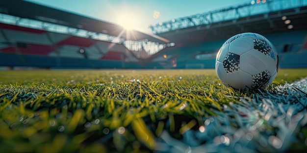 Primer plano de una pelota de fútbol en un gran estadio IA generativa