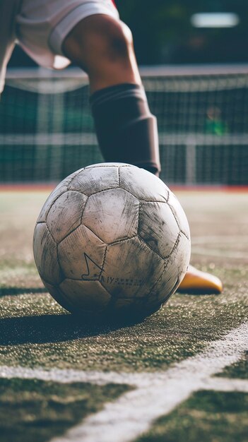 primer plano de una pelota de fútbol con un jugador