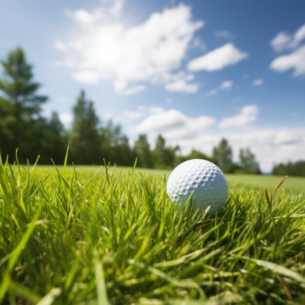 Un primer plano de una pelota de golf en el green con el fairway y los árboles en el fondo