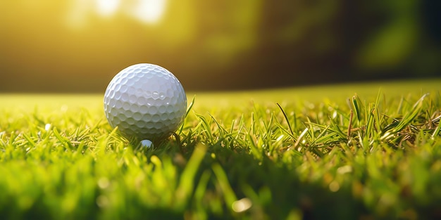 Primer plano de una pelota de golf sobre la hierba verde del campo de golf día soleado fondo borroso IA generativa