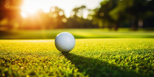 Primer plano de una pelota de golf sobre la hierba verde del campo de golf día soleado fondo borroso IA generativa