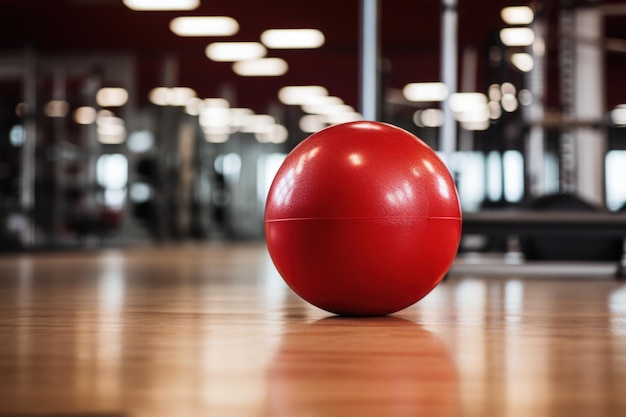 Primer plano de una pelota medicinal escarlata en un gimnasio