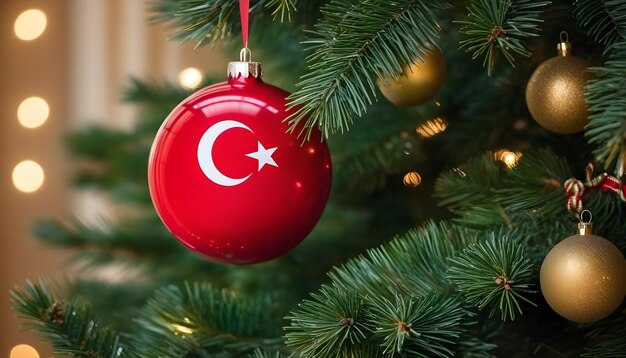 Un primer plano de una pelota de Navidad La pelota está colgando de una rama del árbol de Navidad la bandera de Turquía