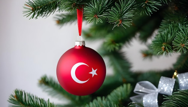 Un primer plano de una pelota de Navidad La pelota está colgando de una rama del árbol de Navidad la bandera de Turquía