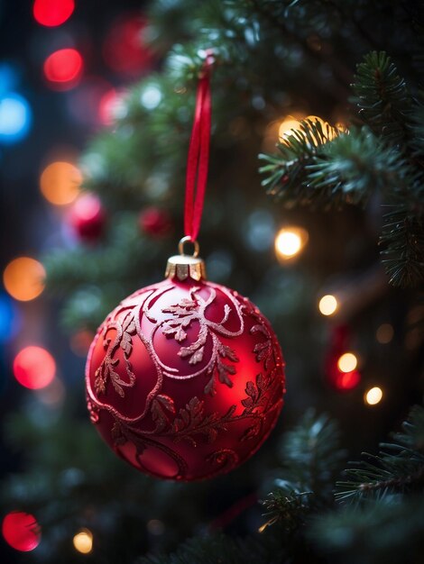 Foto primer plano de una pelota roja de navidad en un árbol