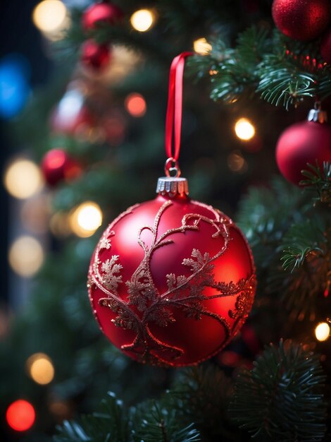 Primer plano de una pelota roja de Navidad en un árbol